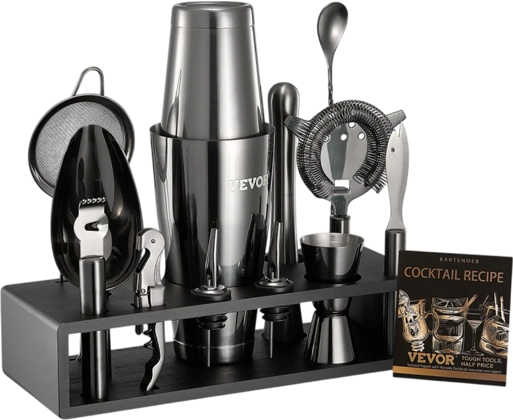 VEVOR Cocktail Shaker Set, 13-Piece Stainless Steel Bar Tools with Bamboo Stand, Boston Bartender Kit | Mixer Spoon, Muddler, Jigger, Strainer, Liquor Pourers, Ice Scoop, Lemon Zester, Gunmetal