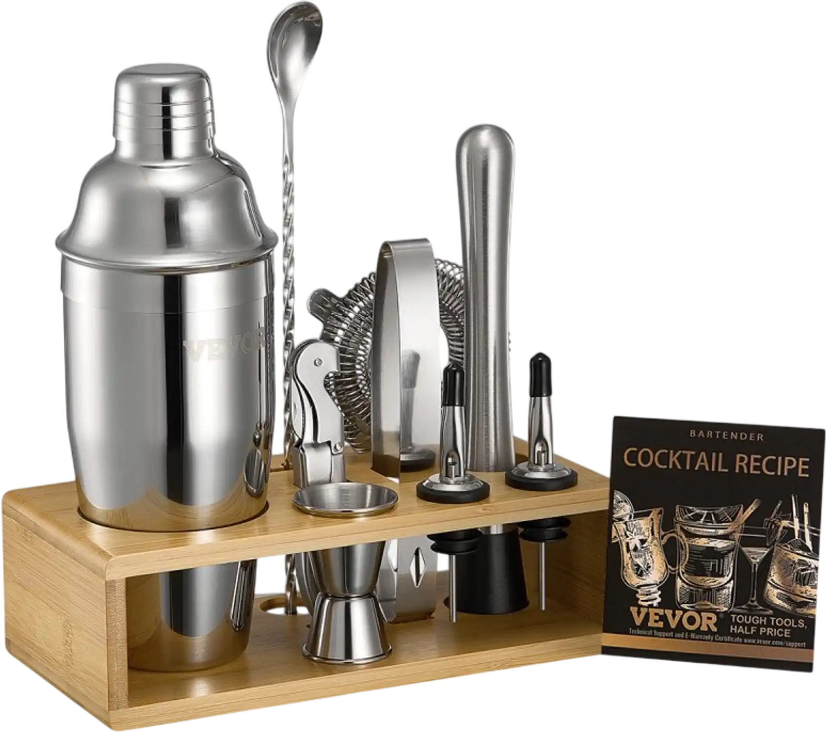 Vevor Cocktail Shaker Set 10-Piece Stainless Steel Bartender Kit with Bamboo Stand Silver New
