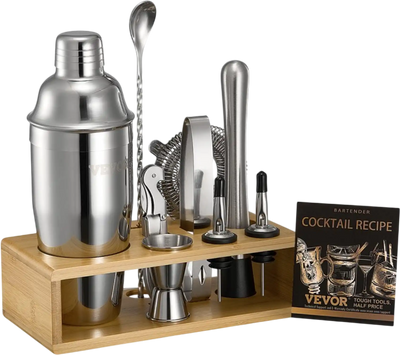 Vevor Cocktail Shaker Set 10-Piece Stainless Steel Bartender Kit with Bamboo Stand Silver New