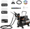 VEVOR Airbrush Kit, 1/6 HP, Air Brush Kit with Air Compressor, 3 Dual-Action Professional Airbrushes with 3 Tips, Hose, Acrylic Paint, 2 Fans, Low Noise, for Cake Decorating, Model Painting, Nail Art