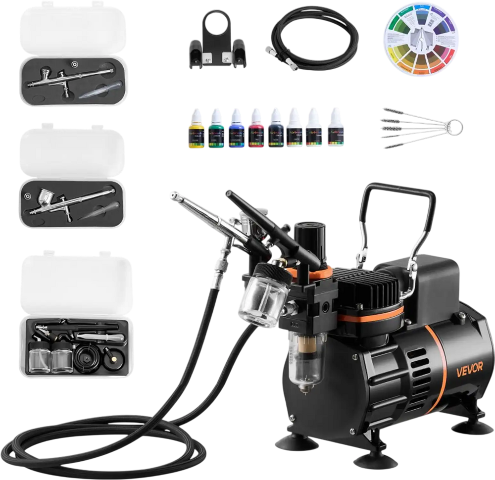 VEVOR Airbrush Kit, 1/6 HP, Air Brush Kit with Air Compressor, 3 Dual-Action Professional Airbrushes with 3 Tips, Hose, Acrylic Paint, 2 Fans, Low Noise, for Cake Decorating, Model Painting, Nail Art