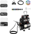 VEVOR Airbrush Kit, 1/6 HP, Air Brush Kit with Air Compressor and Tank, 3 Dual-Action Professional Airbrushes with 3 Tips, Hose, Acrylic Paint, 2 Fans, for Cake Decorating, Model Painting, Nail Art