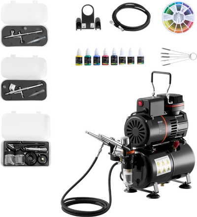 VEVOR Airbrush Kit, 1/6 HP, Air Brush Kit with Air Compressor and Tank, 3 Dual-Action Professional Airbrushes with 3 Tips, Hose, Acrylic Paint, 2 Fans, for Cake Decorating, Model Painting, Nail Art