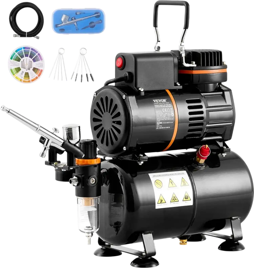 VEVOR Airbrush Kit, Dual Fan Air Tank Compressor System Kit with 3.5L Air Storage Tank, Air Brush Set with 0.3 mm Tip Airbrush, Holder, Color Mixing Wheel, Cleaning Brush Set, Art Nail Cookie Tattoo