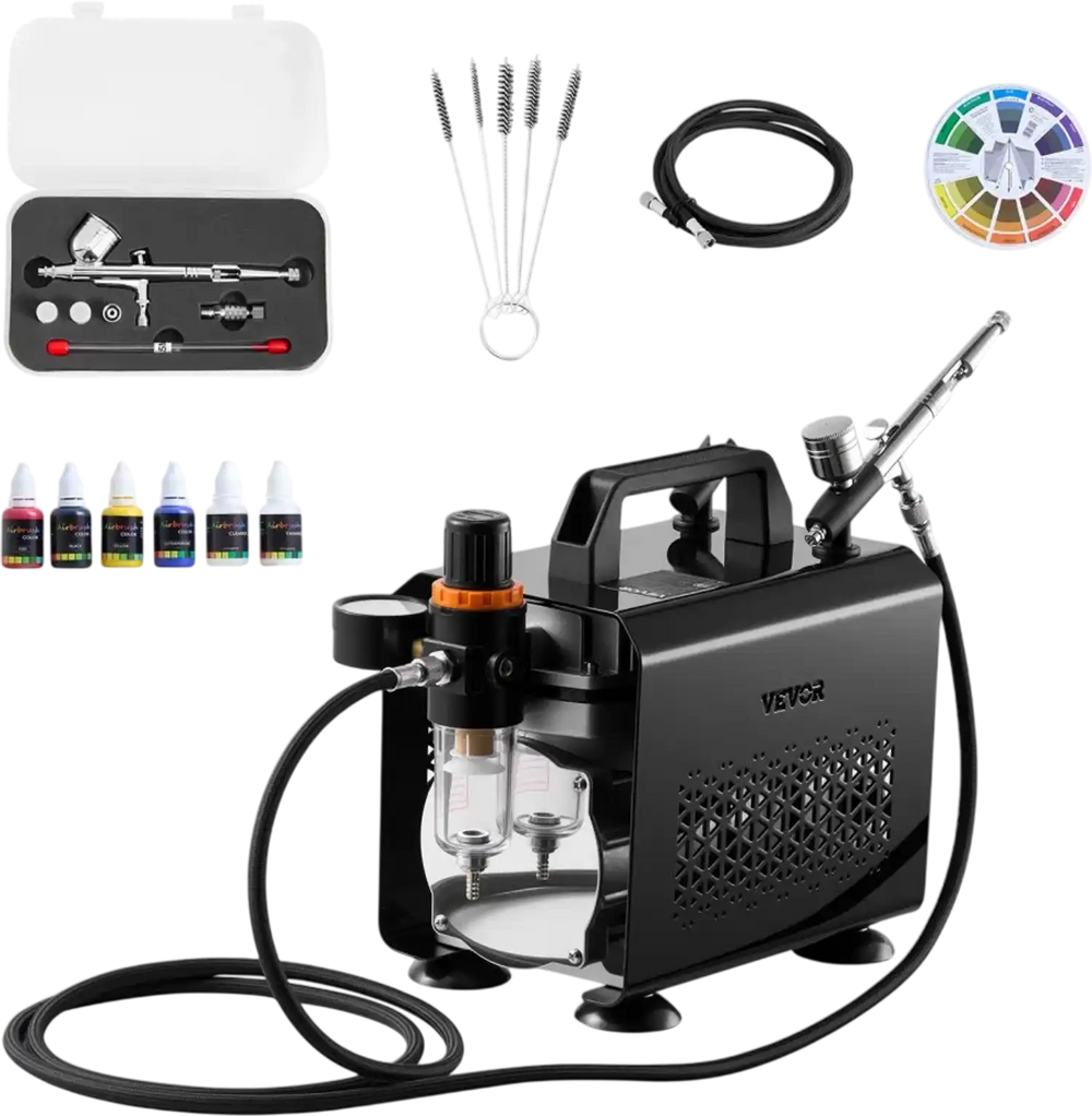 VEVOR Airbrush Kit, 1/6 HP, Air Brush Kit with Air Compressor, 1 Dual-Action Professional Airbrush with 3 Tips, Hose, Acrylic Paint, Brush, Low Noise, for Cake Decorating, Model Painting, Nail Art