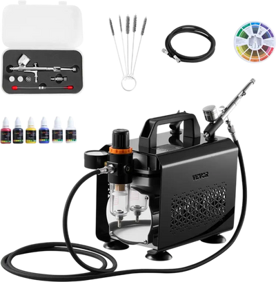 VEVOR Airbrush Kit, 1/6 HP, Air Brush Kit with Air Compressor, 1 Dual-Action Professional Airbrush with 3 Tips, Hose, Acrylic Paint, Brush, Low Noise, for Cake Decorating, Model Painting, Nail Art