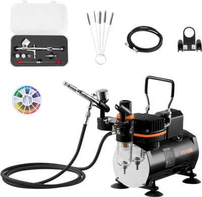 VEVOR Airbrush Kit, 1/6 HP, Air Brush Kit with Air Compressor, 1 Dual-Action Professional Airbrush with 3 Tips, Hose, Holder, Cleaning Set, Low Noise, for Cake Decorating, Model Painting, Nail Art