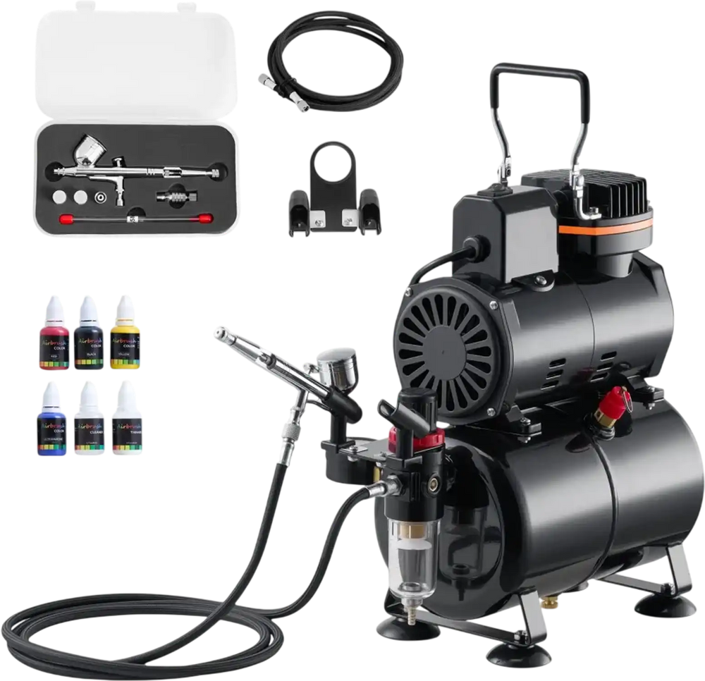 VEVOR Airbrush Kit, 1/6 HP, Air Brush Kit with Air Compressor and Tank, 1 Dual-Action Professional Airbrush with 3 Tips, Acrylic Paint, Low Noise, for Cake Decorating, Model Painting, Nail Art