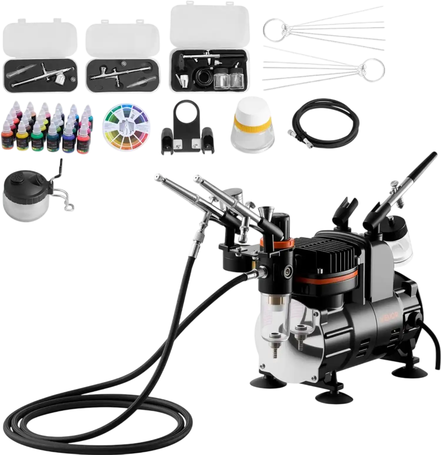 Vevor Airbrush Kit 1/6 HP Air Compressor Set with 3 Airbrushes 3 Tips & 24 Paints New