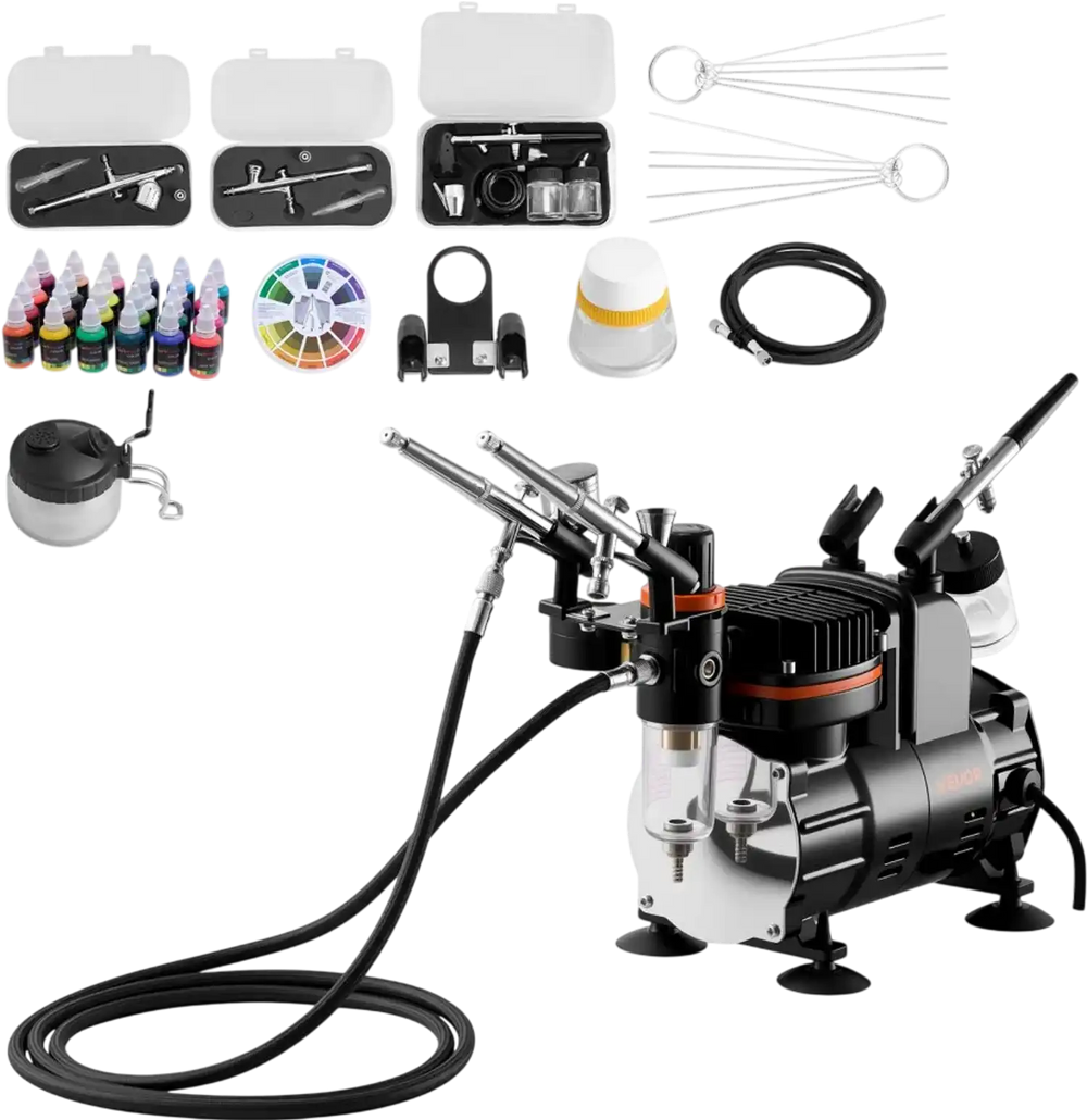 VEVOR Airbrush Kit, 1/6 HP, Air Brush Kit with Air Compressor, 3 Dual-Action Professional Airbrushes with 3 Tips, Hose, Acrylic Paint, Brush, Low Noise, for Cake Decorating, Model Painting, Nail Art