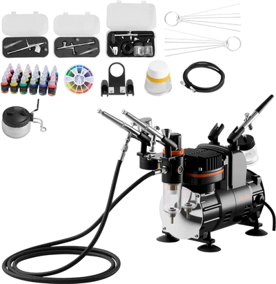 VEVOR Airbrush Kit, 1/6 HP, Air Brush Kit with Air Compressor, 3 Dual-Action Professional Airbrushes with 3 Tips, Hose, Acrylic Paint, Brush, Low Noise, for Cake Decorating, Model Painting, Nail Art