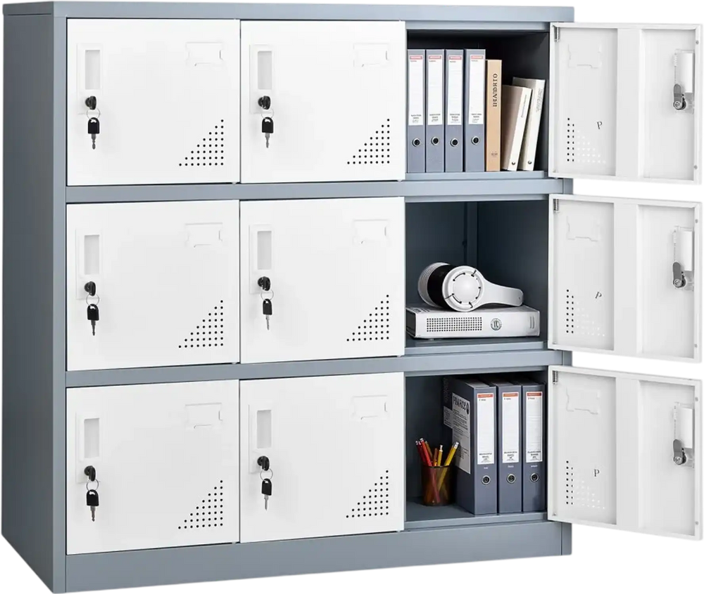 VEVOR 9 Doors Metal Locker, Lockable Steel Storage Cabinet, 66 lbs Loading Capacity, 2 Keys for Each Door, 3 Tiers Employee Lockers for Office, School, Gym, Easy Assembly, 35.4 x 17.7 x 37 in, Gray