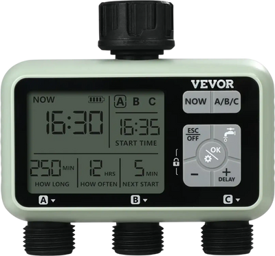 VEVOR Water Timer, 3 Outlets, Hose Watering Sprinkler Timer, with 3 Independent Watering Zone LCD Display Rain Delay Mode Manual Mode 360° Brass Inlet Metal Filter, IPX6 Waterproof for Yard Watering
