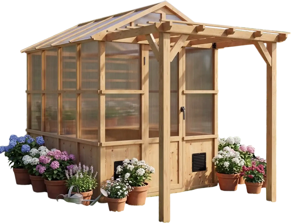 VEVOR Wooden Greenhouse 6'x8' Fir Wood Walk-In Greenhouse Kit with Pergola, for Outdoor Garden Backyard, Heavy Duty Green House with Polycarbonate Panels, Foldable Shelves, Tool Rails & Lockable Door