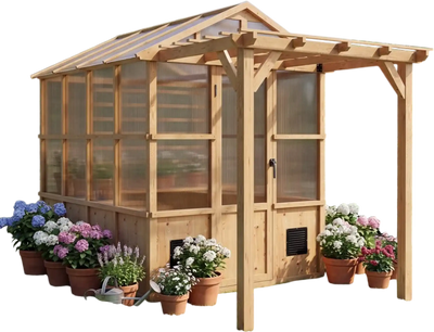 Vevor Greenhouse 6' x 8' Walk-In Fir Wood Greenhouse Kit with Pergola New