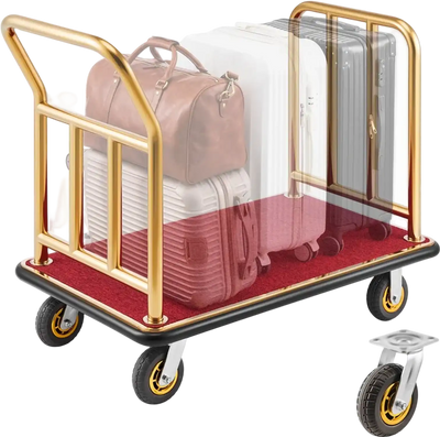 VEVOR Hotel Luggage Cart, 750 lbs Heavy Duty Bellman Cart with Stainless Steel Frame, 6 in Rubber Wheels, Red Carpeted Deck, Commercial Luggage Carrier Rolling Trolley for Hotels, Resorts, Gold