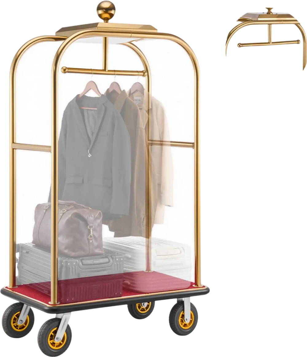 VEVOR Hotel Luggage Cart, 1200 lbs Heavy Duty Bellman Cart with Stainless Steel Frame, 8 in Rubber Wheels, Red Carpeted Deck, Commercial Luggage Carrier Rolling Trolley for Hotels, Resorts, Gold