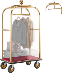 VEVOR Hotel Luggage Cart, 1200 lbs Heavy Duty Bellman Cart with Stainless Steel Frame, 8 in Rubber Wheels, Red Carpeted Deck, Commercial Luggage Carrier Rolling Trolley for Hotels, Resorts, Gold
