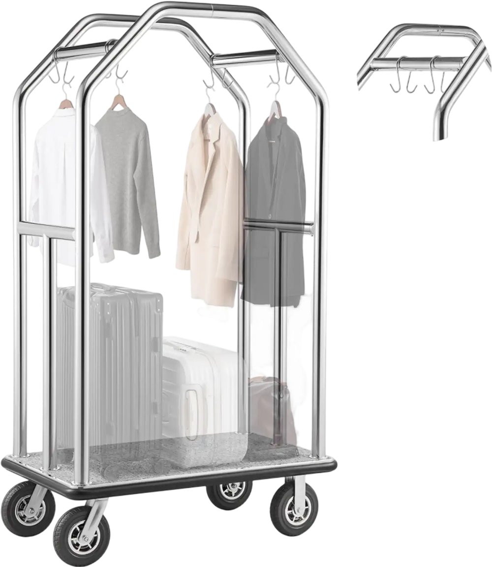 VEVOR Hotel Luggage Cart, 1500 lbs Heavy Duty Bellman Cart with Stainless Steel Frame, 8 in Rubber Wheels, Gray Carpeted Deck, Commercial Luggage Carrier Rolling Trolley for Hotels,Resorts,Silver