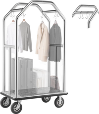 VEVOR Hotel Luggage Cart, 1500 lbs Heavy Duty Bellman Cart with Stainless Steel Frame, 8 in Rubber Wheels, Gray Carpeted Deck, Commercial Luggage Carrier Rolling Trolley for Hotels,Resorts,Silver