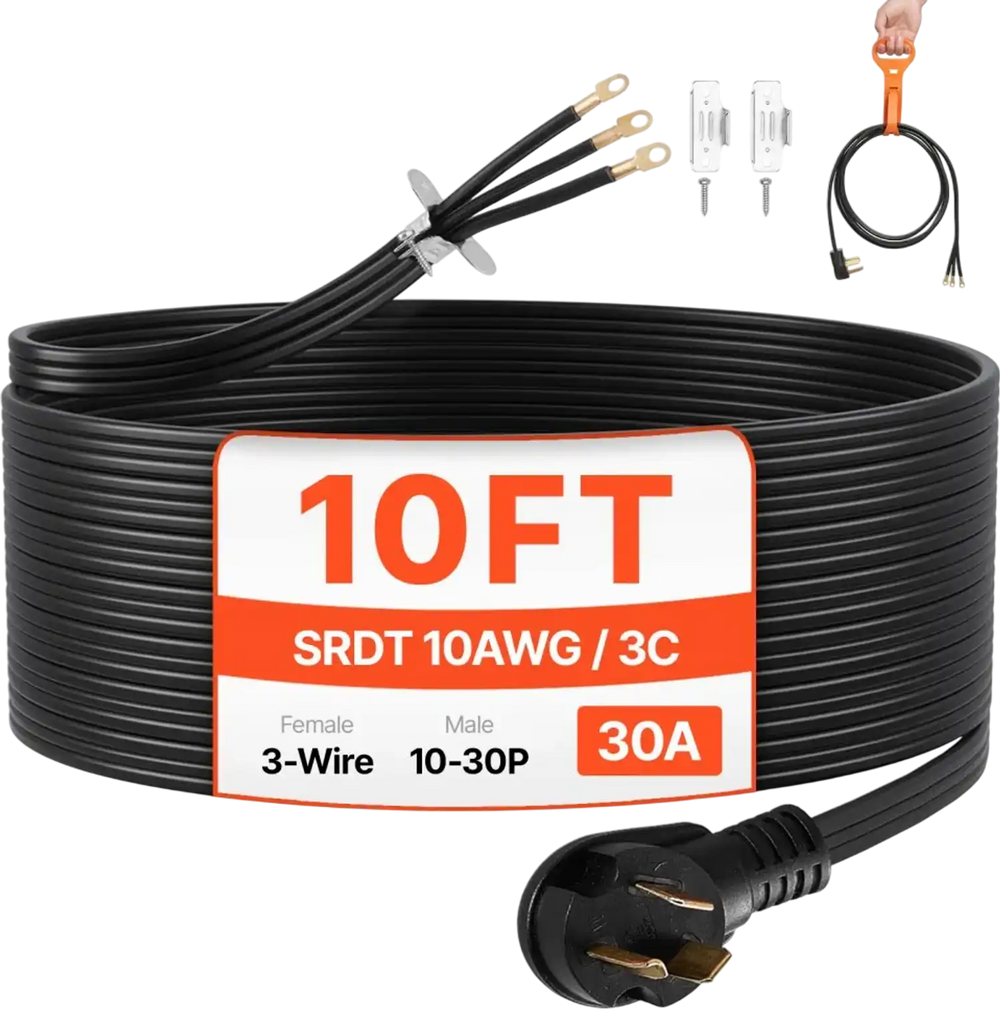 VEVOR 10 ft Dryer Power Cord, 3-Prong NEMA 10-30P Appliance Dryer Cord with Eyelet Connectors, 125V/250V, SDRT 10AWG/3C, 30A, Pure Copper Wire Cable with PVC Cable Tie, Ideal for Indoor & Outdoor Use