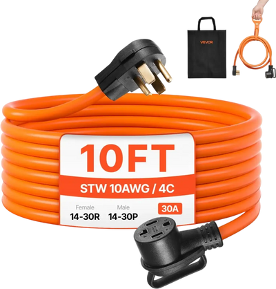 VEVOR 10 ft Dryer Extension Cord, 4-Prong NEMA 14-30P to 14-30R Dryer Cord, 125V/250V, STW 10AWG/4C, 30A, Pure Copper Wire Cable with Black Non-woven Bag and PVC Cable Tie, for Outdoor & Indoor Use