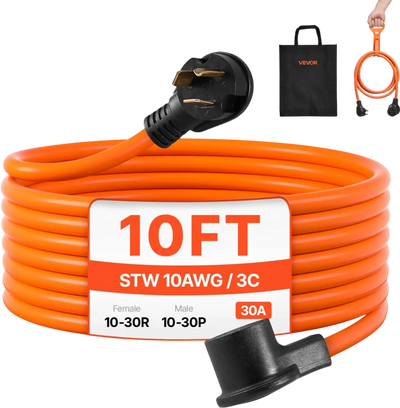 VEVOR 10 ft Dryer Extension Cord, 3-Prong NEMA 10-30P to 10-30R Dryer Cord, 125V/250V STW 10AWG/3C, 30A, Pure Copper Wire Cable with Black Non-woven Bag and PVC Cable Tie, Ideal for Indoor & Outdoor