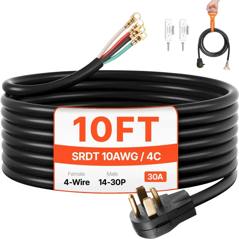 VEVOR 10 ft Dryer Power Cord, 4-Prong NEMA 14-30P Appliance Dryer Cord with Eyelet Connectors, 125V/250V, SDRT 10AWG/4C, 30A, Pure Copper Wire Cable with PVC Cable Tie, Ideal for Indoor & Outdoor Use