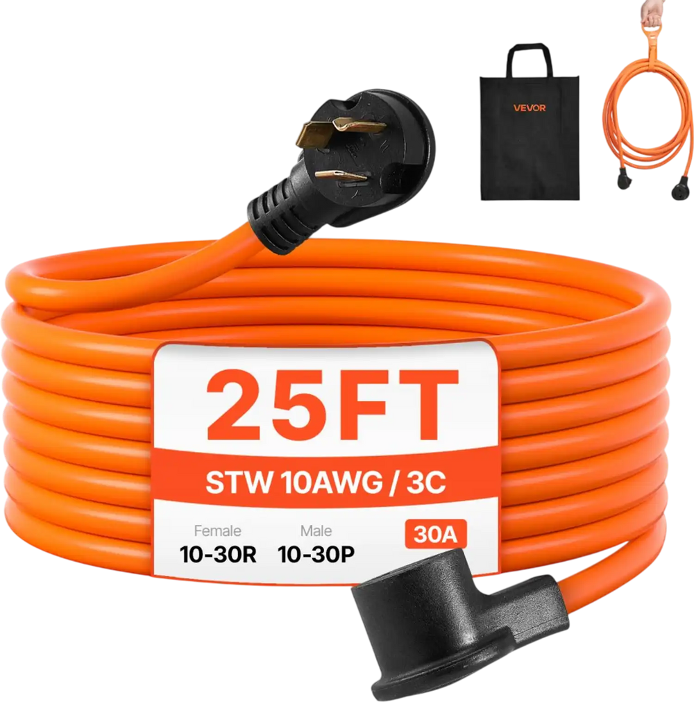 VEVOR 25 ft Dryer Extension Cord, 3-Prong NEMA 10-30P to 10-30R Dryer Cord, 125V/250V STW 10AWG/3C, 30A, Pure Copper Wire Cable with Black Non-woven Bag and PVC Cable Tie, Ideal for Indoor & Outdoor