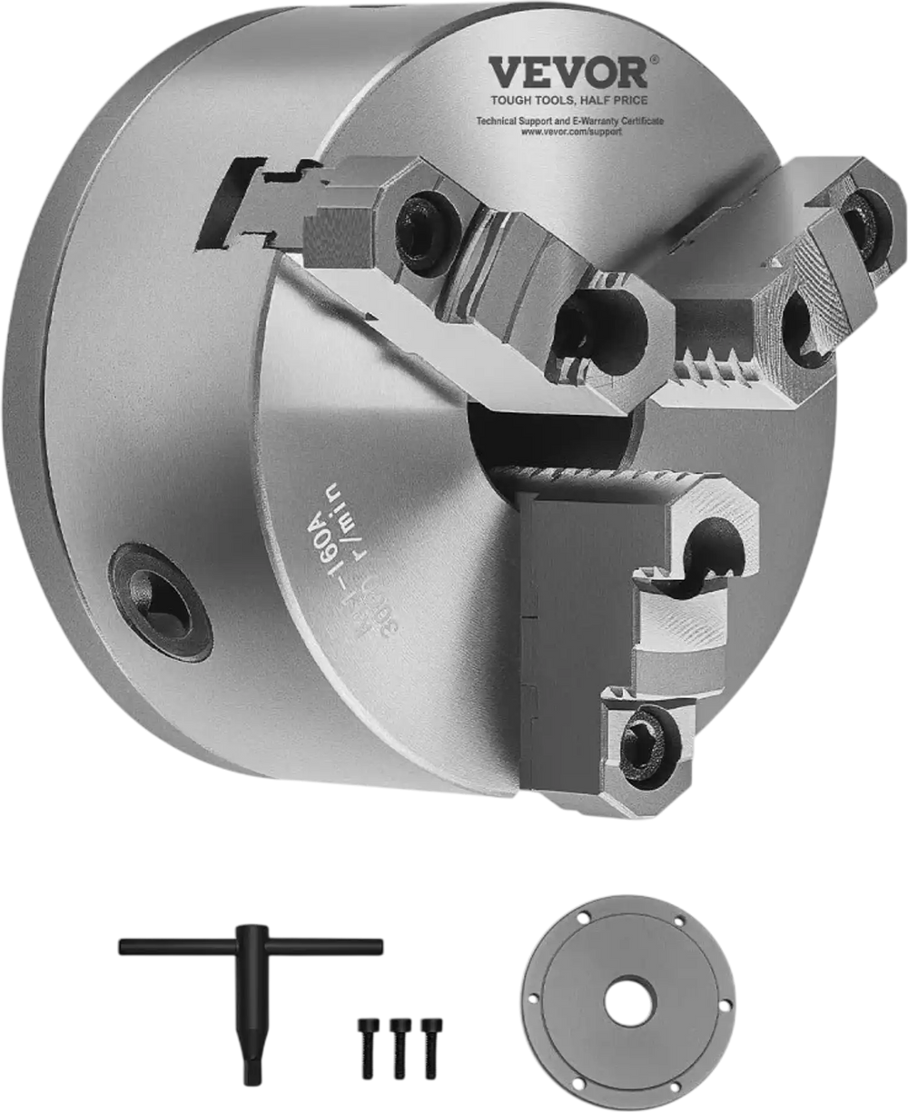 VEVOR 3-Jaw Lathe Chuck, 6 Inch (160 mm), Self-Centering Chuck with 1 1/2 in-8 Threaded Backing Plate, 0.12-5.71 in (3-145 mm) Clamping Range with T-wrench Screws, HT300 Material, for Wood Metal Lathe