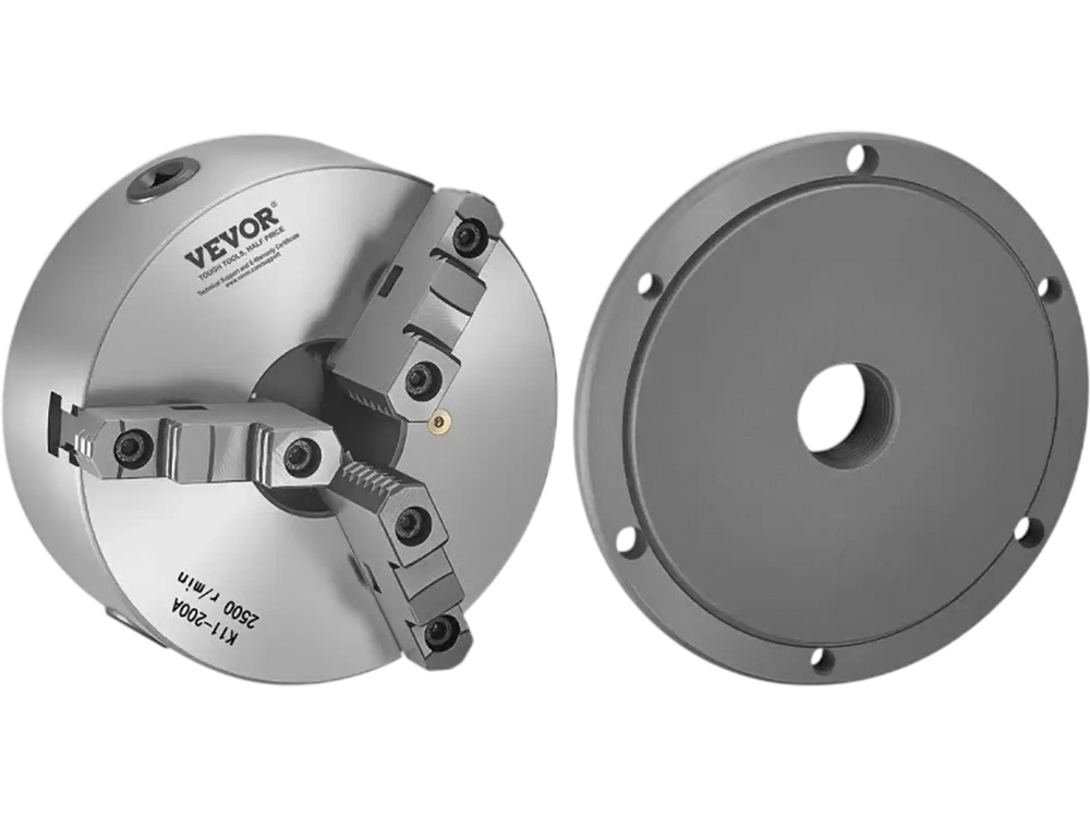 VEVOR 3-Jaw Lathe Chuck, 8 Inch (200 mm), Self-Centering Chuck with 2 1/4 in-8 Threaded Backing Plate, 0.16-7.87 in (4-200 mm) Clamping Range with T-wrench Screws, HT300 Material, for Wood Metal Lathe