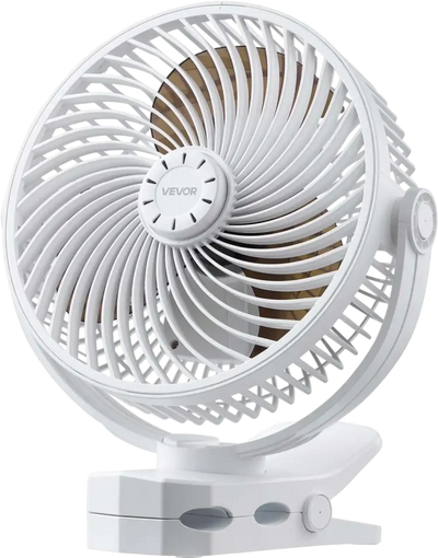 VEVOR Portable Clip Fan, Rechargeable Clip On Fan, USB Port with 3 Speeds & Circulation Mode, Strong Airflow Sturdy Clamp, Long Runtime for Desk, Golf Cart, Outdoor Camping Treadmill, Office, White