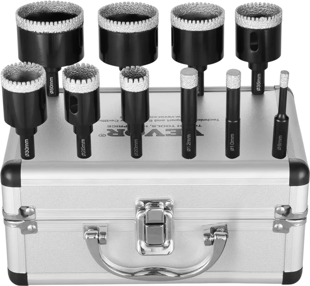 VEVOR Diamond Core Drill Bit Set, 10 PCS 6/10/12/20/25/30/35/40/45/50mm Diamond Hole Saw Kit, Triangular Shank, with Storage Case, for Dry and Wet, Diamond Drill Bits for Ceramic Tile Porcelain