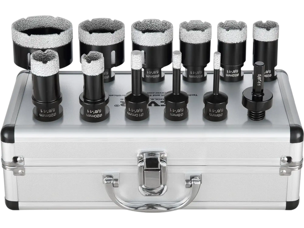 VEVOR Diamond Core Drill Bit Set, 11 PCS 6/8/10/20/25/28/32/35/45/50/65mm Diamond Hole Saw Kit, with 5/8"-11 Connector and Storage Case, for Dry and Wet, Diamond Drill Bits for Ceramic Tile