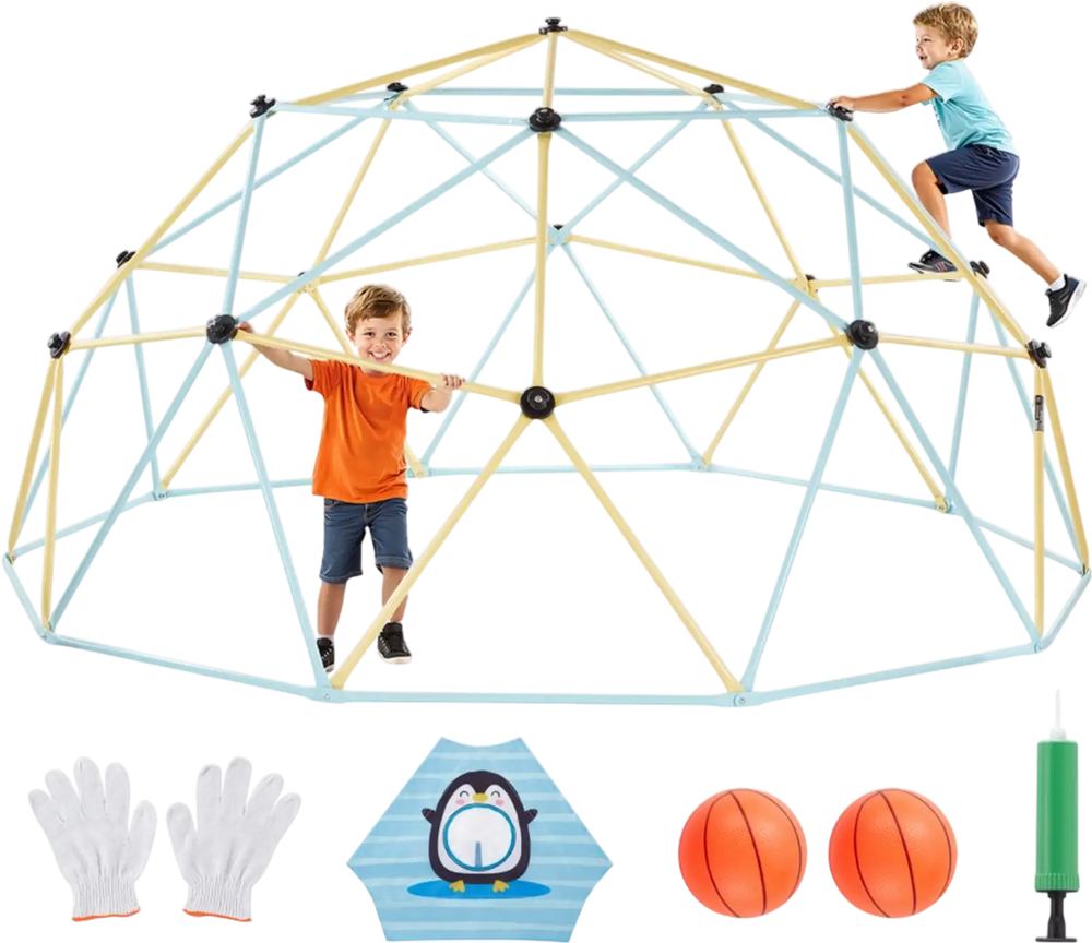 VEVOR Climbing Dome, 10FT Geometric Dome Climber, 1000LBS Loading Jungle Gym Playground with 2 Basketballs & Octopus Net, Easy-Assembly Outdoor Backyard Climbing Equipment for Kids 3 to 10 Years Old