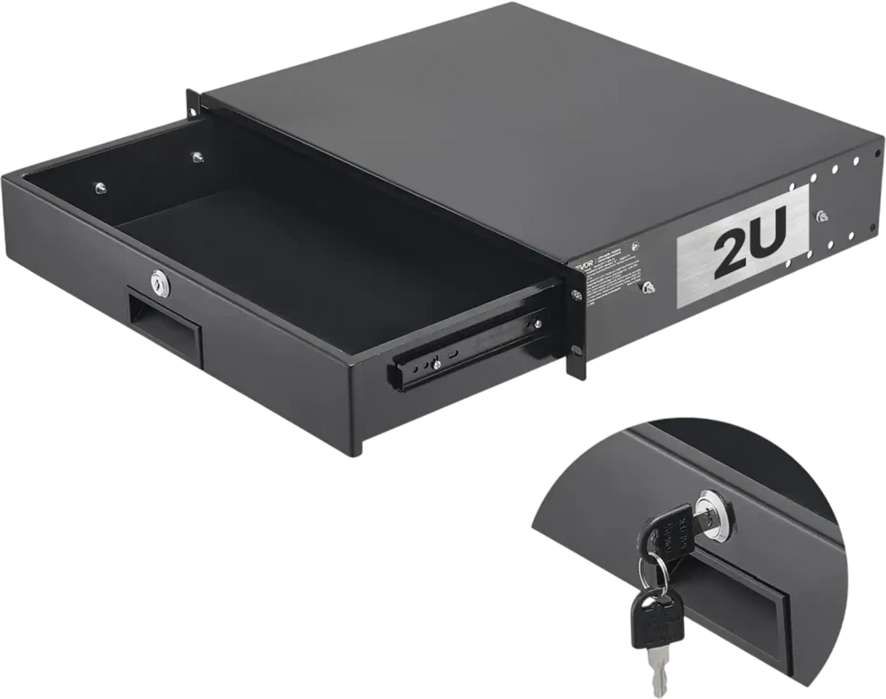 VEVOR 2U Rack Mount Drawer, 50 lbs Max Load-Bearing, Lockable Server Cabinet Case, Sliding Drawer with Lock and Cable Management Holes, for 19 in Network Equipment Server AV Rack or Cabinet Enclosure