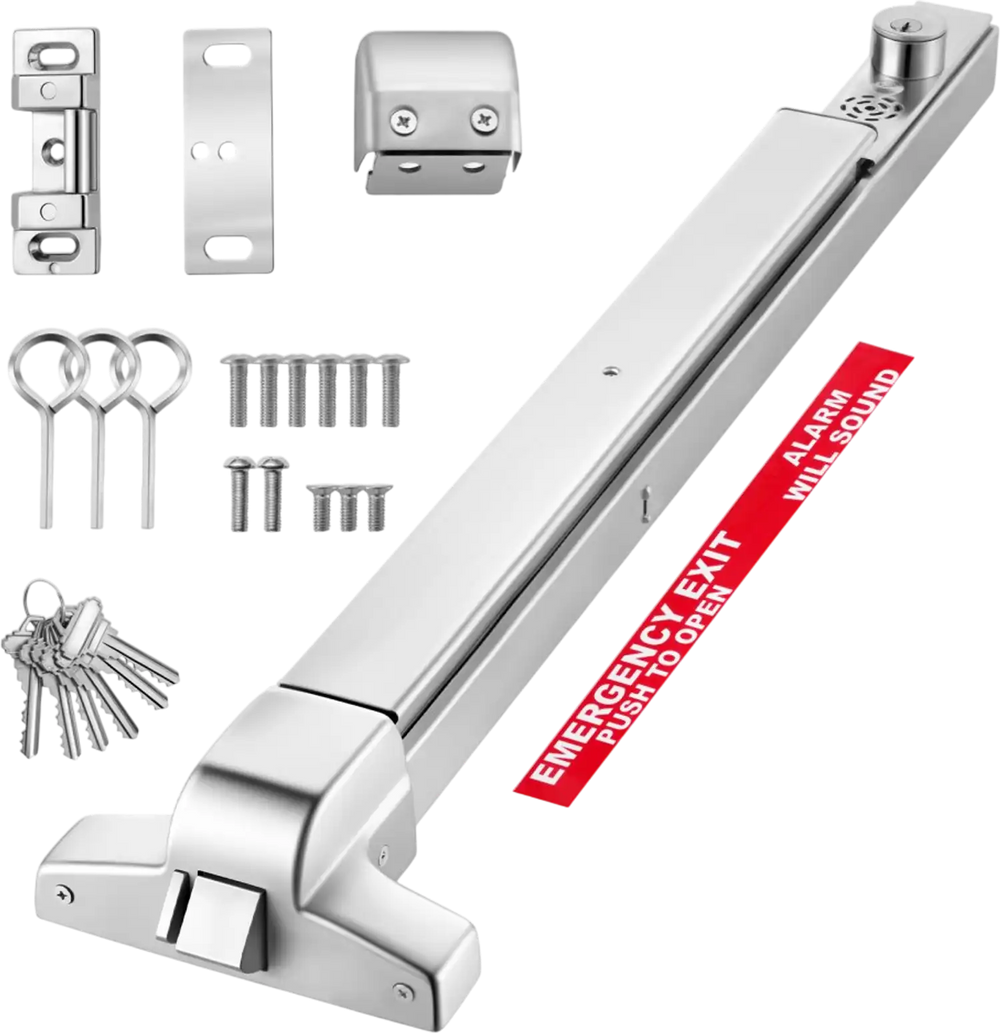 VEVOR Push Bar Panic Exit Device, 31" Stainless Steel Commercial Panic Bar for Exit Doors, Emergency Exit Door Hardware with Auto Alarm System and Sticker, for 31"-46" Wood or Metal Door, Silver