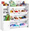 VEVOR Kids Toy Storage and Bookshelf, 4-Tier Toy Storage Organizer with 8 Flexible Plastic Bins, Kids Cubby Cabinet with Bookshelf for Study Room, Bedroom, Playroom, Classroom, Nursery, White