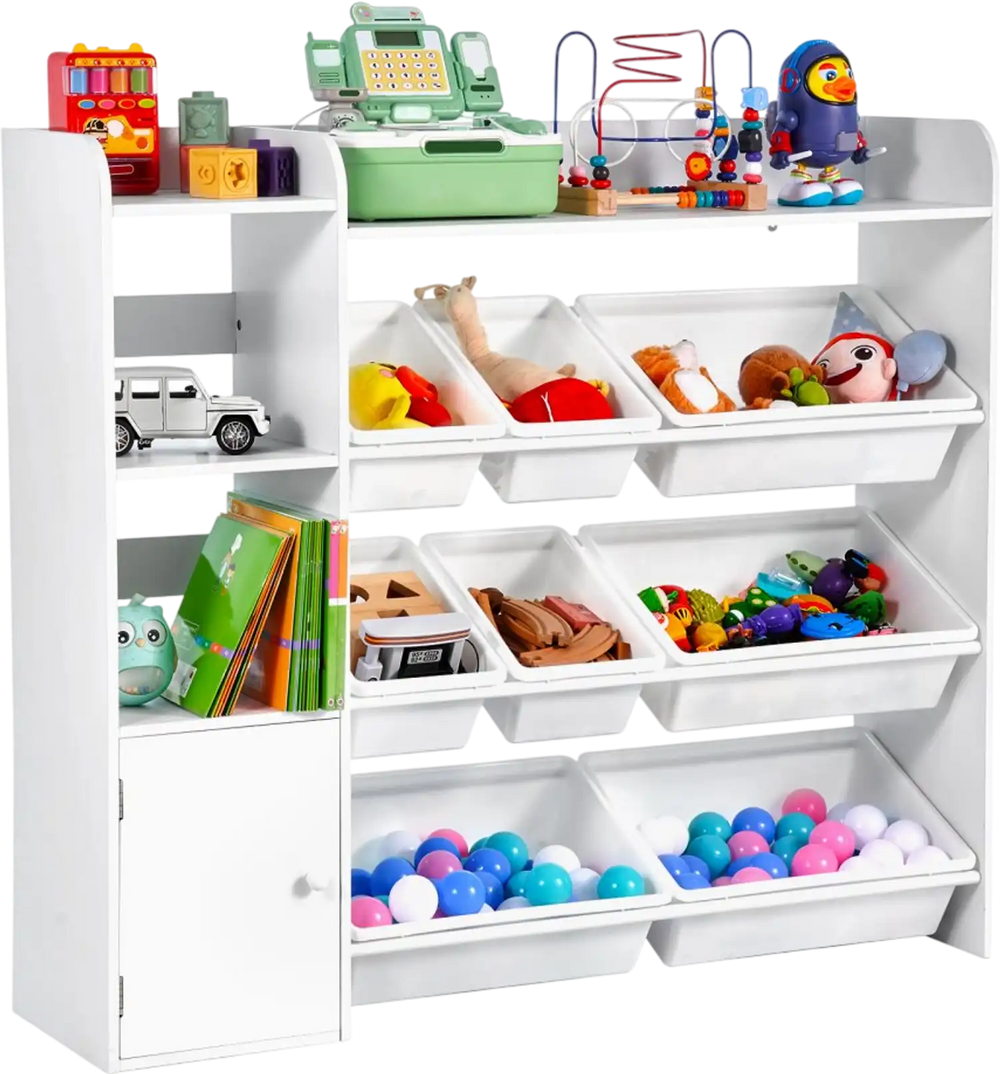 VEVOR Kids Toy Storage and Bookshelf, 4-Tier Toy Storage Organizer with 8 Flexible Plastic Bins, Kids Cubby Cabinet with Bookshelf for Study Room, Bedroom, Playroom, Classroom, Nursery, White