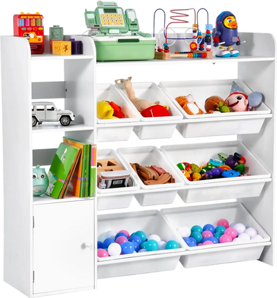VEVOR Kids Toy Storage and Bookshelf, 4-Tier Toy Storage Organizer with 8 Flexible Plastic Bins, Kids Cubby Cabinet with Bookshelf for Study Room, Bedroom, Playroom, Classroom, Nursery, White