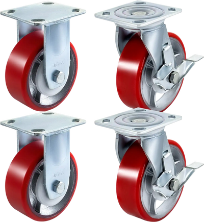 VEVOR 4 Pack 6 x 2 Inch Caster Wheels 2 Rigid and 2 Swivel Casters with Side Brake Polyurethane Iron Core Plate 1000LBS Capacity Per Wheel