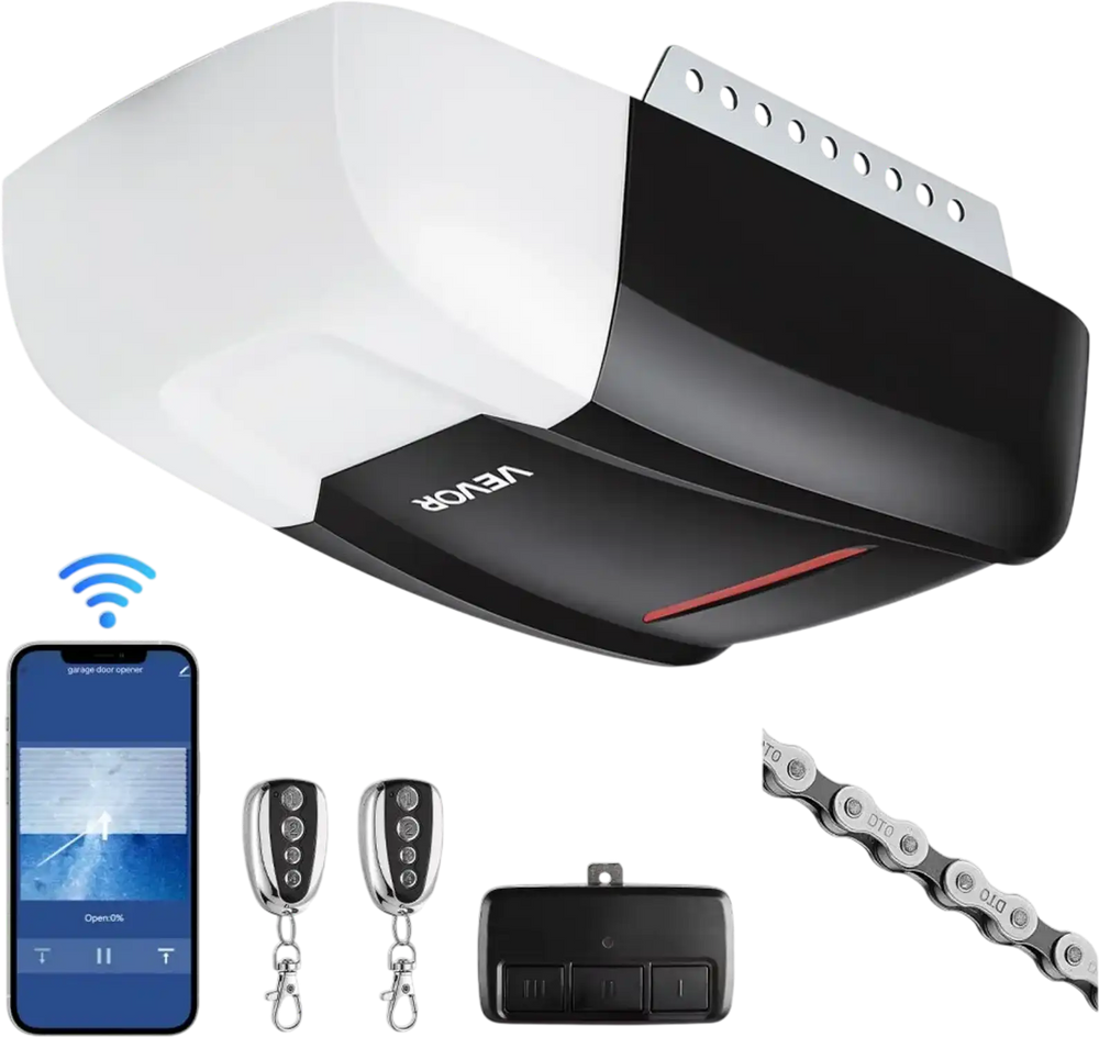 VEVOR Garage Door Opener 3/4 HP Heavy Duty Chain Drive WiFi Smart Opener, for Residential Garage, Includes Durable Rail, 3 Remotes, Smartphone App Control, Obstacle Sensor & LED Light, Black & White