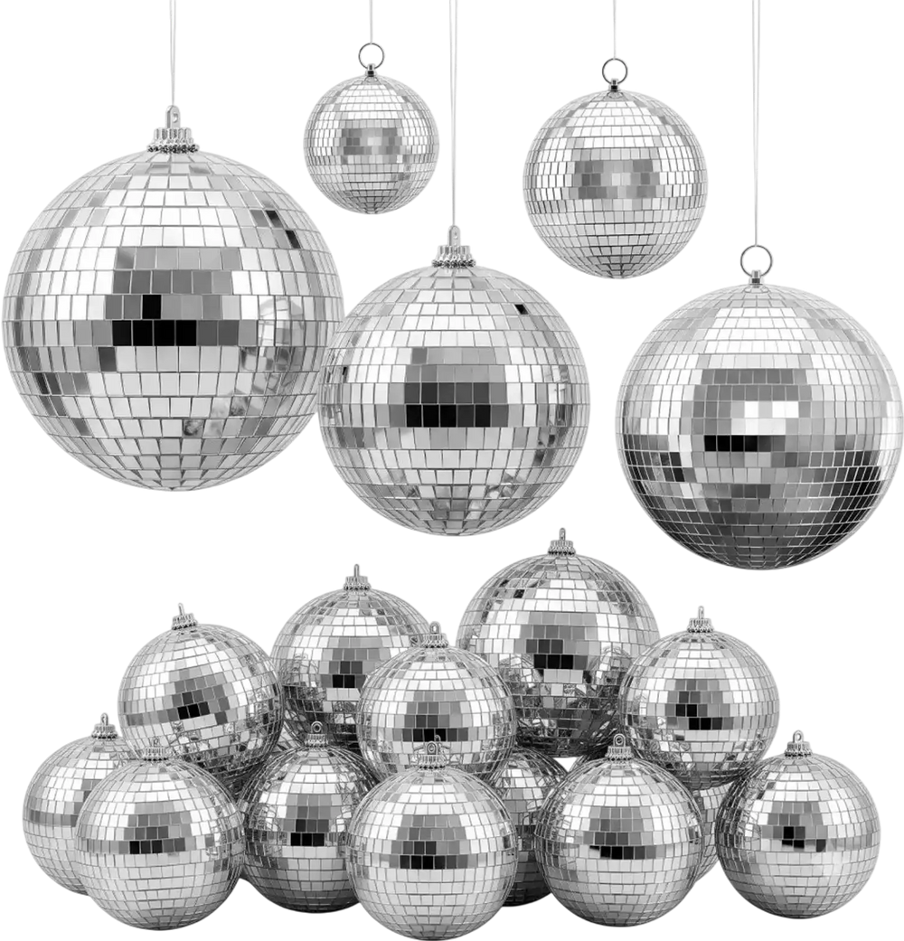 VEVOR Mirror Disco Ball 3.2" 4" 6" 8" 12" 17-Pack Balls with Hanging Ring, for Party Home Decoration Stage Props DJ Dance Club, 2 Mirror Tile Sizes, Reflects Light, Wedding Birthday Decor, Silver