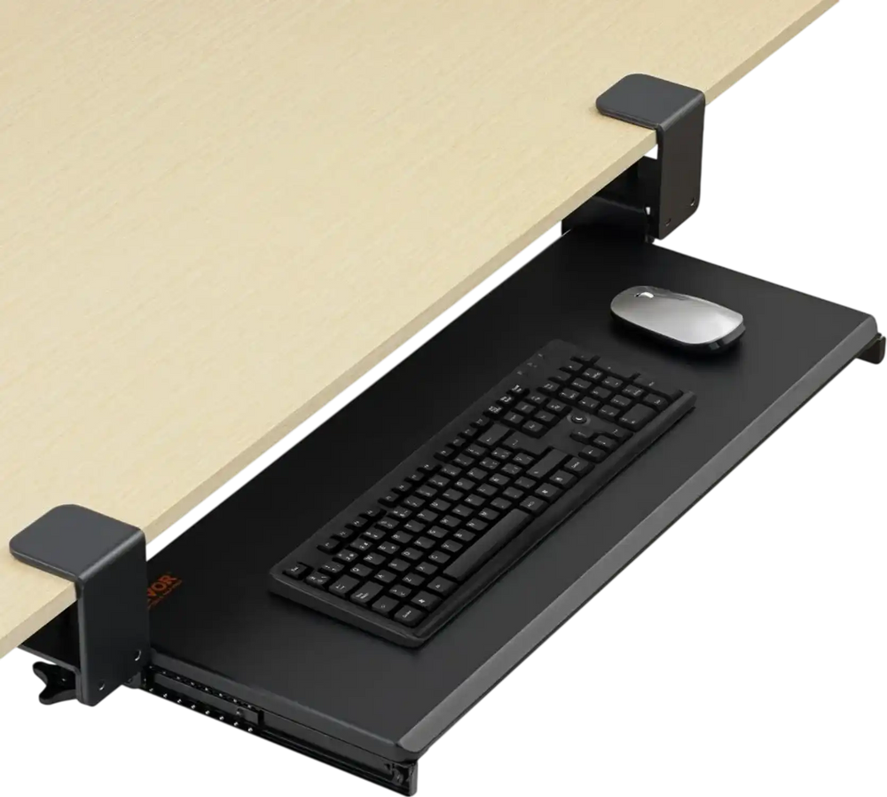 VEVOR Clamp on Keyboard Tray Under Desk, Desk Keyboard Tray Slide out with Sturdy No-drill C Clamp Mount, Large 26.8 x 11 inch Slide-out Computer Drawer for Typing in Home, Office Work