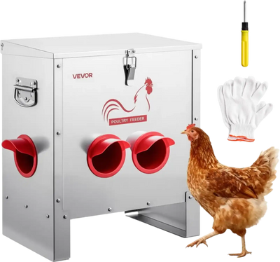 VEVOR Automatic Chicken Feeder, 25 lbs Capacity, 6 Feeding Ports No-Waste Poultry Feeder, Automatic Gravity, with Handle Latch Lid, Metal Construction, for Chickens Bantams Pheasants Poultry Coop