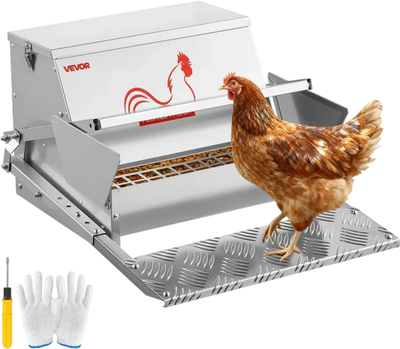 VEVOR Automatic Chicken Feeder, 25 lbs Capacity, Rainproof Treadle Poultry Feeder with Lockable Lid, No Waste, Galvanized Steel Construction, Outdoor Use, for Chicken, Bantams, Poultry, Pheasants