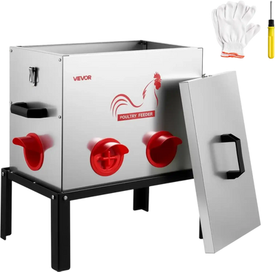 VEVOR Automatic Chicken Feeder, 40 lbs Capacity, 6 Feeding Ports No-Waste Poultry Feeder with Built-In Divider, with Latch & Handle, Metal Construction, for Chickens Bantams Pheasants Poultry Coop