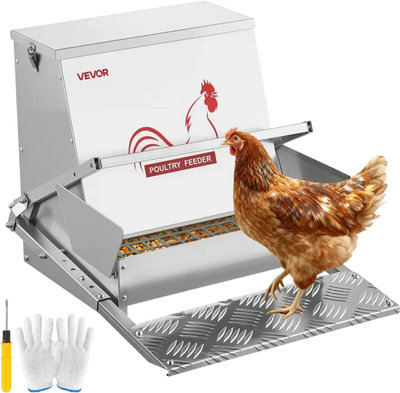 VEVOR Automatic Chicken Feeder, 40 lbs Capacity, Rainproof Treadle Poultry Feeder with Lockable Lid, No Waste, Galvanized Steel Construction, Outdoor Use, for Chicken, Bantams, Poultry, Pheasants