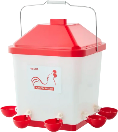 VEVOR 5 Gallon Automatic Chicken Waterer, 6 Water Ports, Automatic-Fill Water Cup, Automatic Gravity Waterer with Handle & Sealed Rubber Ring, Waterproof PP Material, No Waste Design, for Chicken