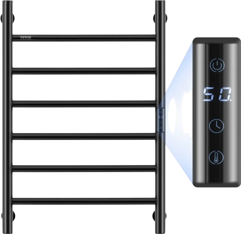 VEVOR 6 Bars Towel Warmer Rack, 120V Wall Mounted Heated Towel Rack for Bathroom, IPX5 Waterpoof Towel Heater Rack with Timer & LED Display Screen, 5 Levels Adjustable Temperature Towel Heater, Black